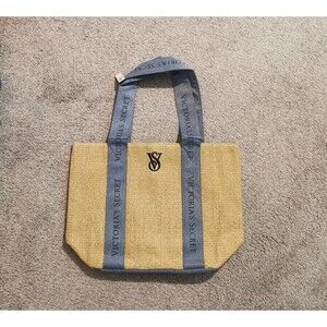 Victoria's Secret Straw Beach Tote Bag Large Weekender Travel Logo Blue Beige